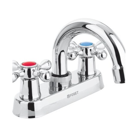 Mezcladora 4? para lavabo, cuello curvo, manerales cruceta